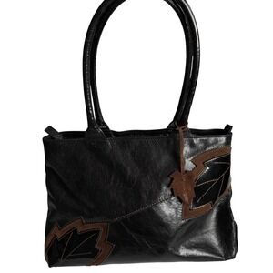 Claudia Firenze Black Leather Tote Bag Leaf Applique Made in Italy Shoulder Bag